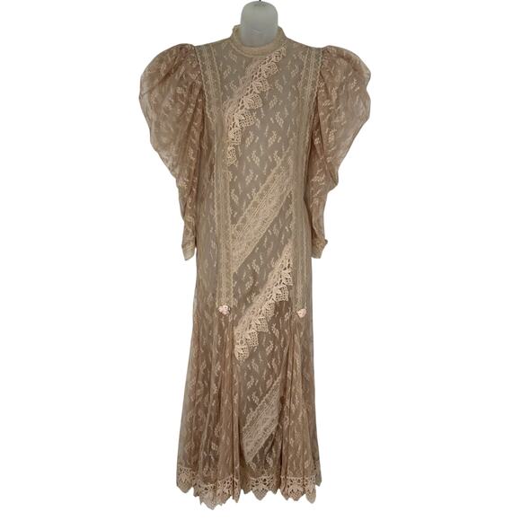 Vintage 70s 80s LORRIE KABALA Victorian Wedding Sheer Lace Puff Sleeve Dress M - Picture 1 of 12